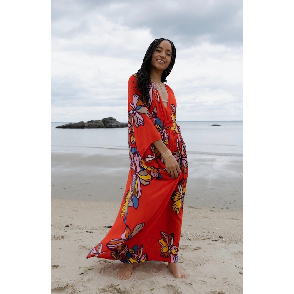 Saachi Tropical Floral Print Maxi Kaftan Dress Orange V-Neck Resortwear One Size - Picture 2 of 6
